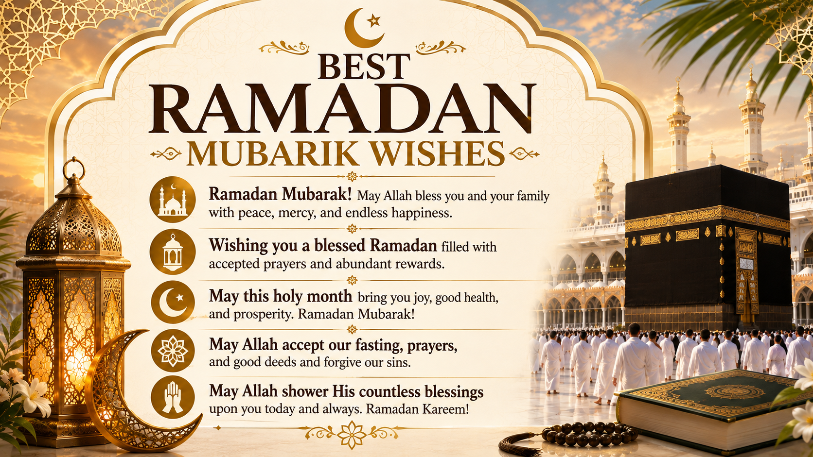 Best Ramadan Mubarak wishes with Kaaba, Islamic lantern, crescent moon, Quran, and heartfelt Ramadan greetings for family and friends