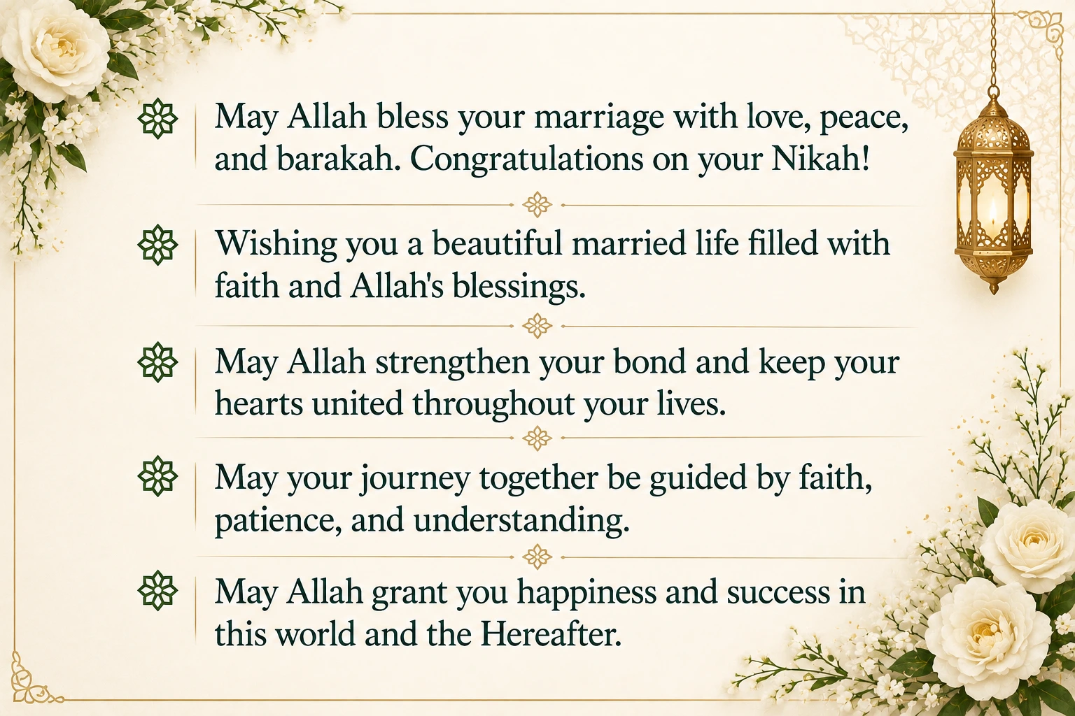 Islamic wedding wishes in English for a newly married Muslim couple