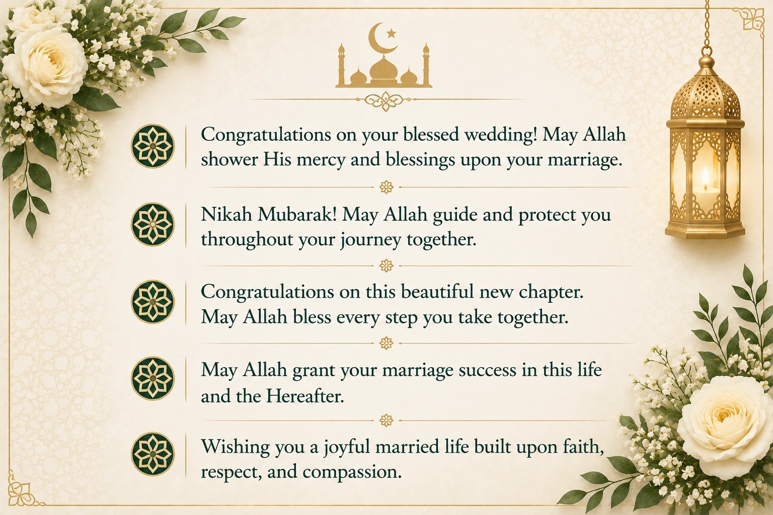 Islamic wedding congratulations messages and Nikah Mubarak wishes for Muslim couples