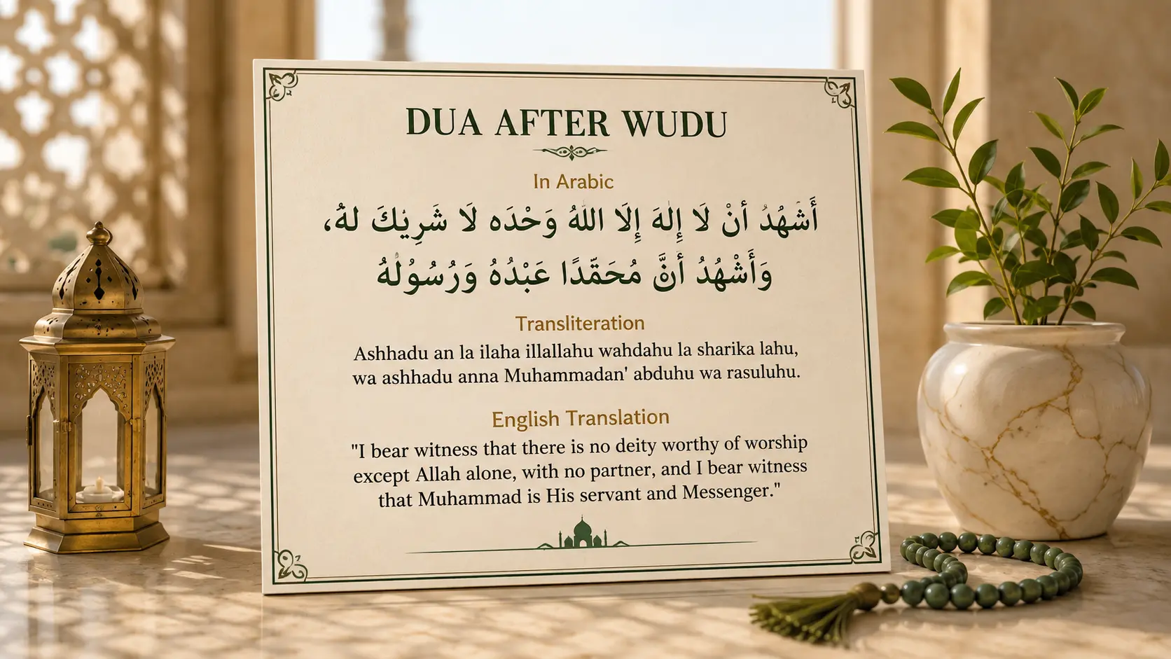 Dua after Wudu in Arabic with English translation and transliteration