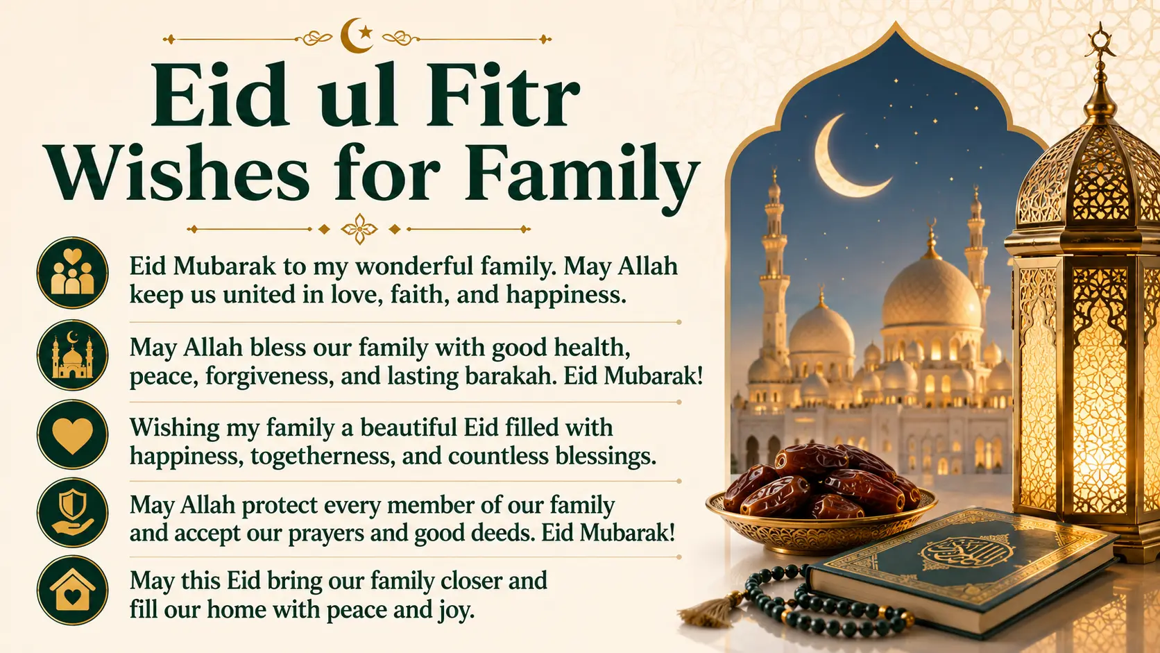 Eid ul Fitr wishes for family with heartfelt messages about love, faith, togetherness, peace, happiness, and blessings
