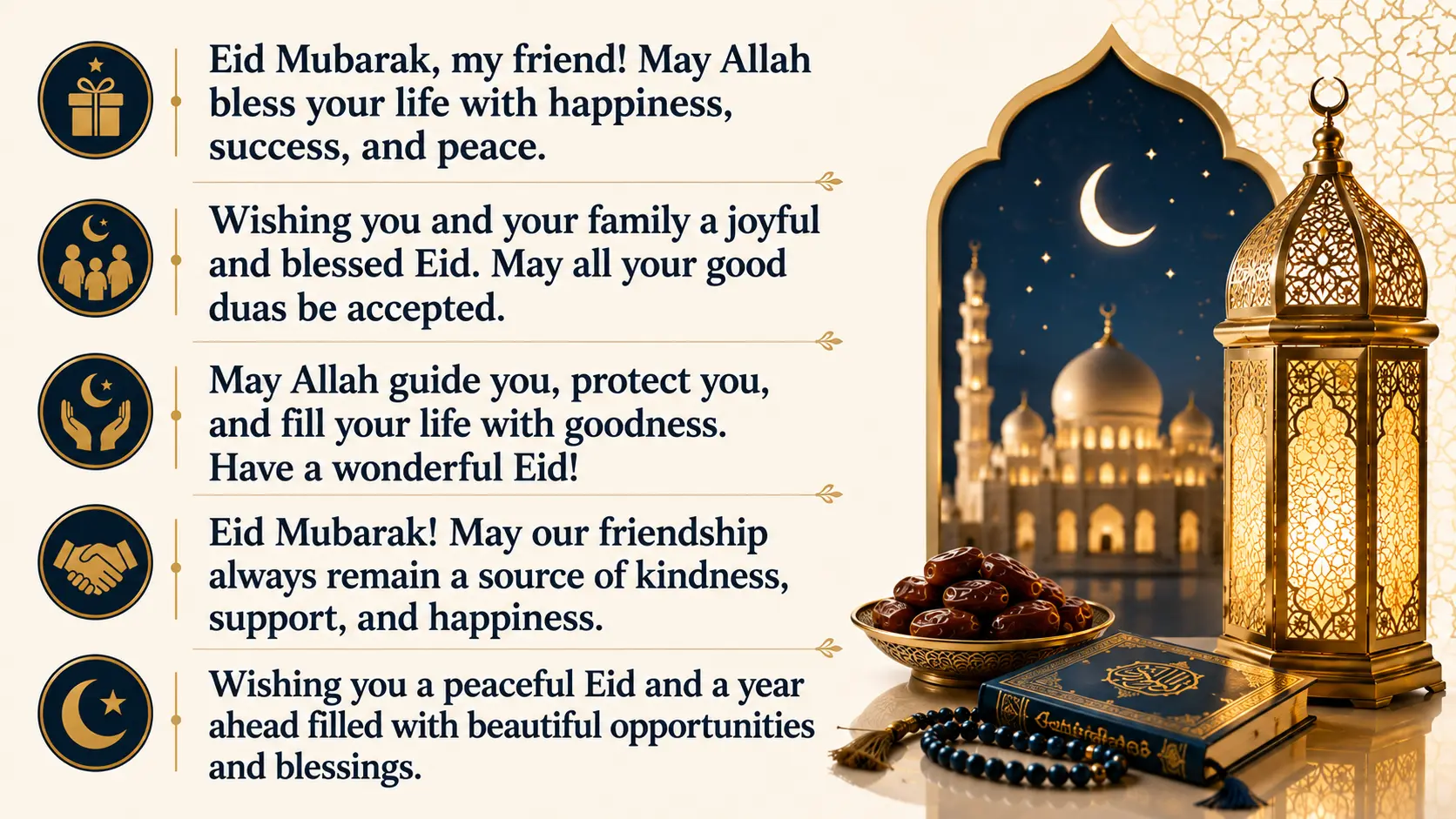 Eid ul Fitr wishes for friends featuring heartfelt messages of happiness, peace, friendship, guidance, success, and blessings