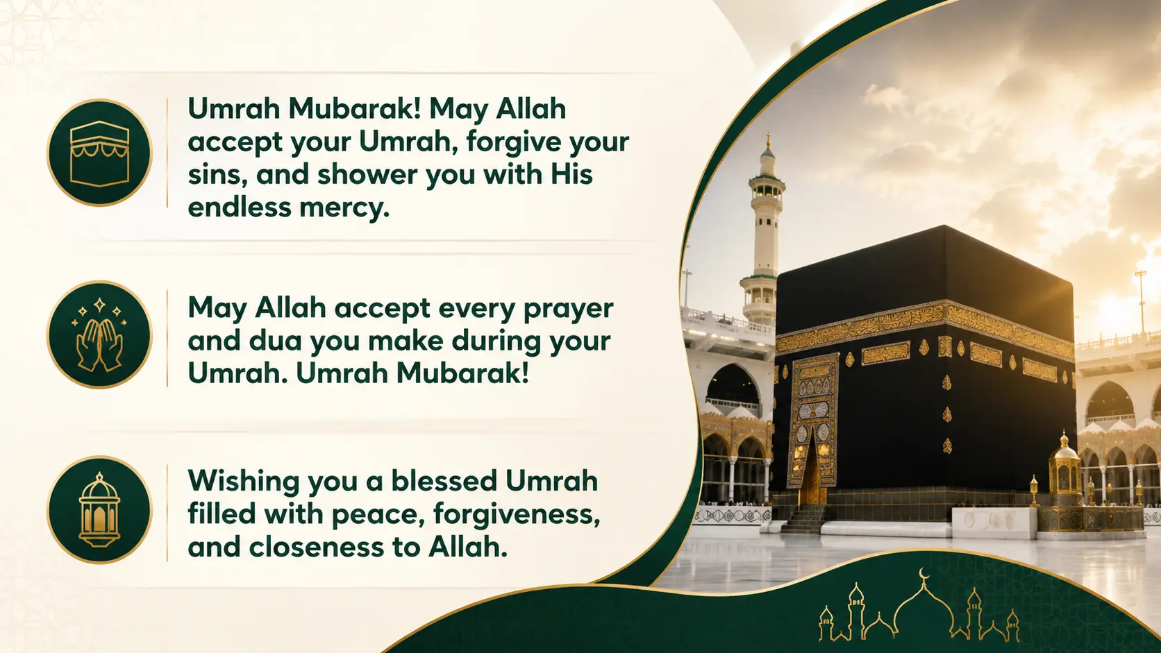 Best Umrah Mubarak wishes with heartfelt prayers for an accepted Umrah, forgiveness, peace, and closeness to Allah.
