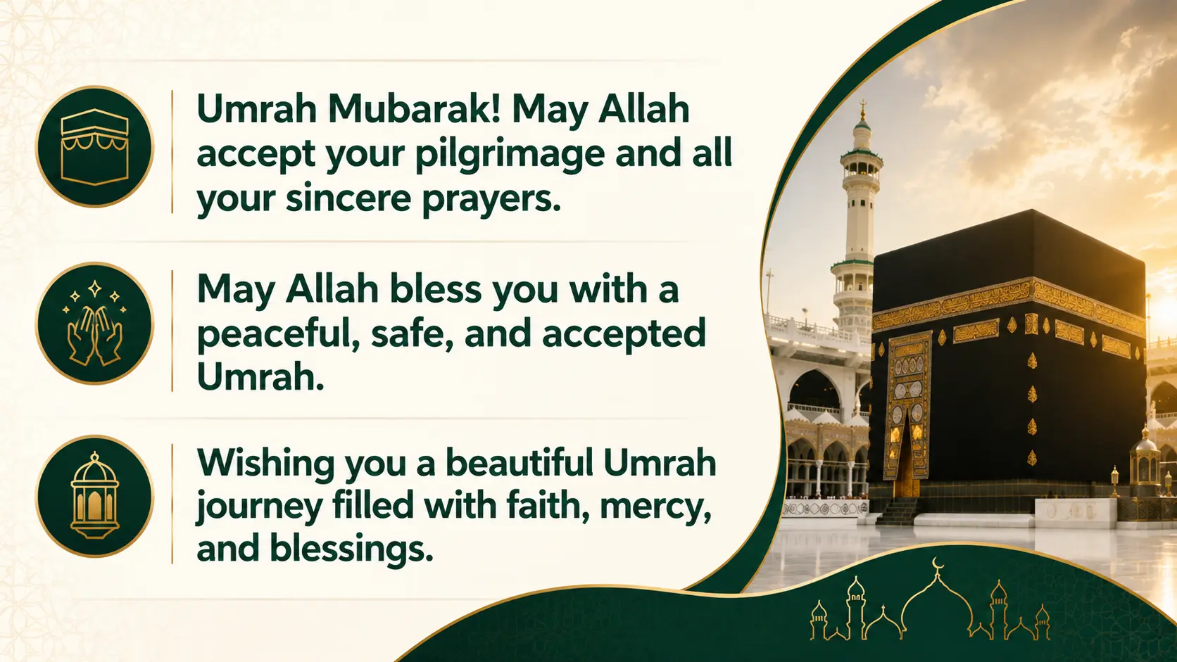 Umrah Mubarak wishes in English with prayers for an accepted, peaceful, and blessed Umrah journey.
