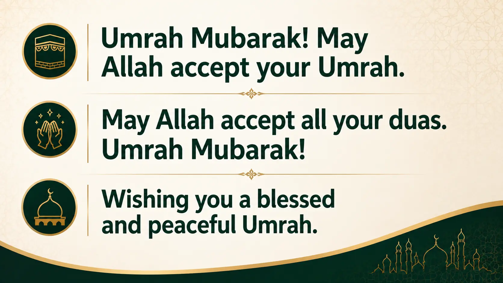 Short Umrah wishes and messages with prayers for an accepted, blessed, and peaceful Umrah.