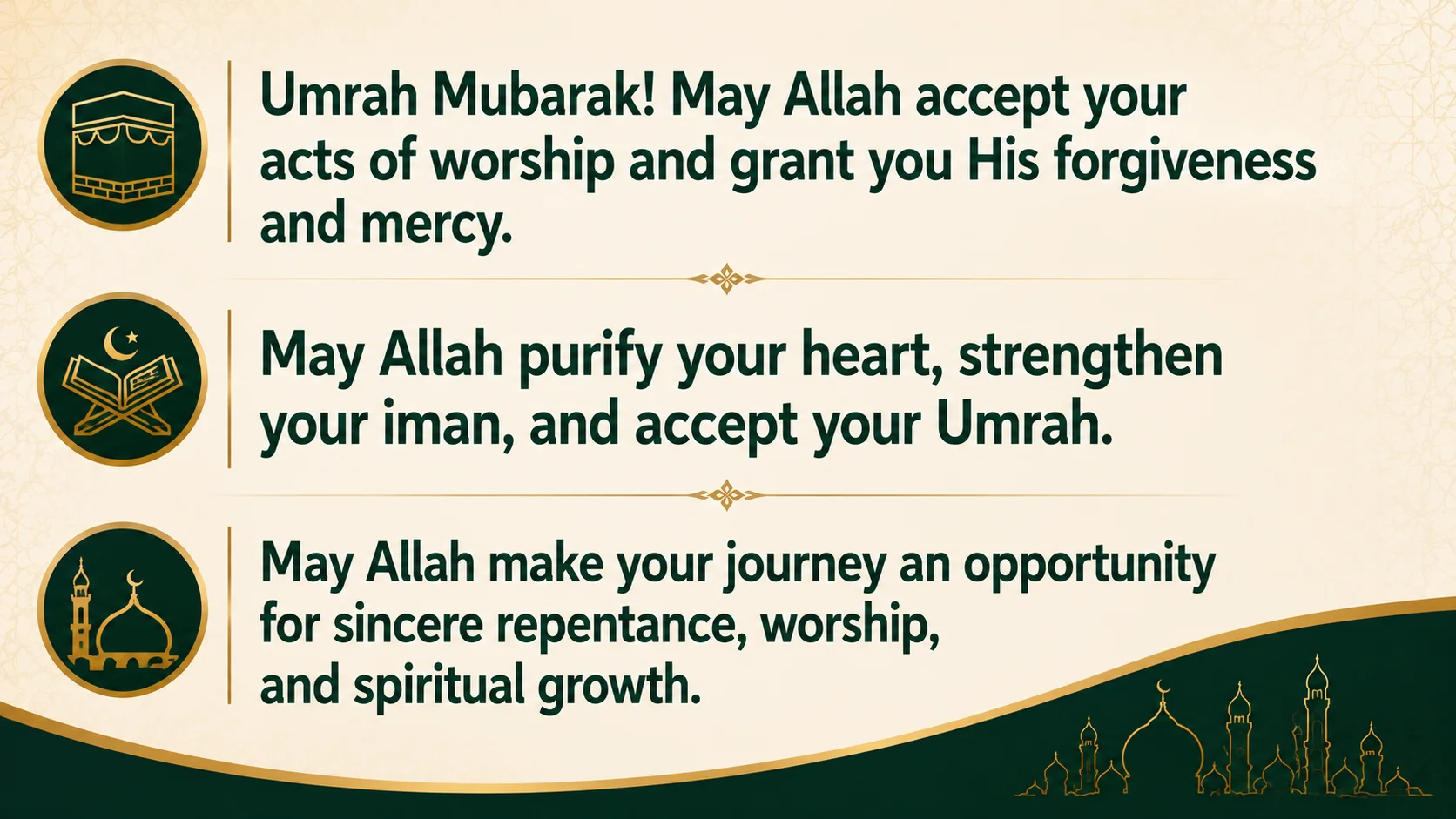 Islamic Umrah Mubarak wishes with sincere duas for acceptance, forgiveness, stronger iman, and spiritual growth.