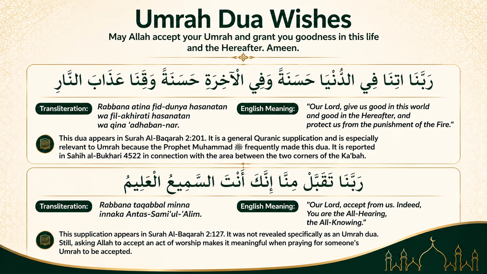 Umrah dua wishes featuring Quranic supplications for goodness, protection, and acceptance from Surah Al-Baqarah.