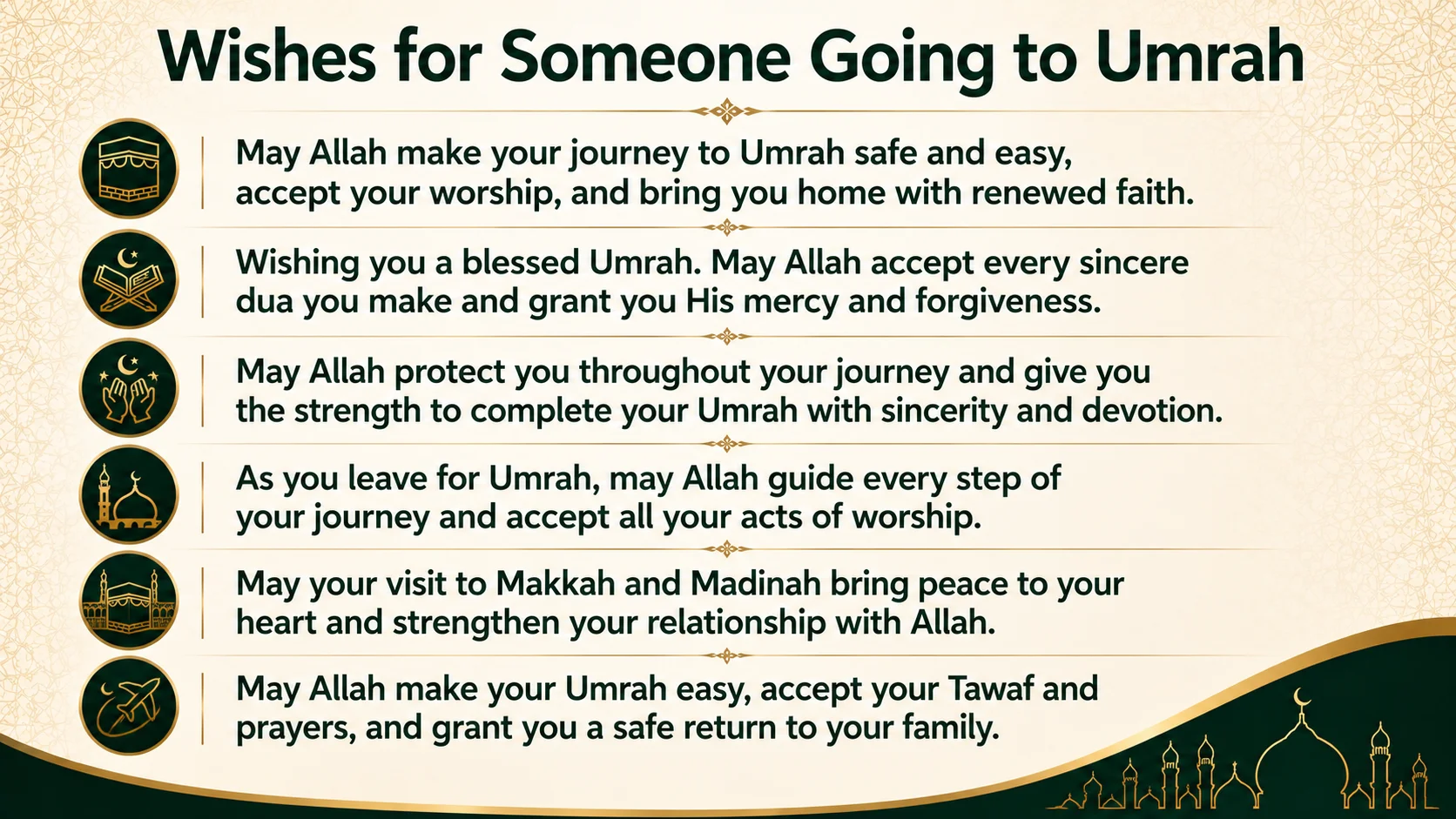 Wishes for someone going to Umrah with prayers for a safe journey, accepted worship, forgiveness, and a blessed return home.