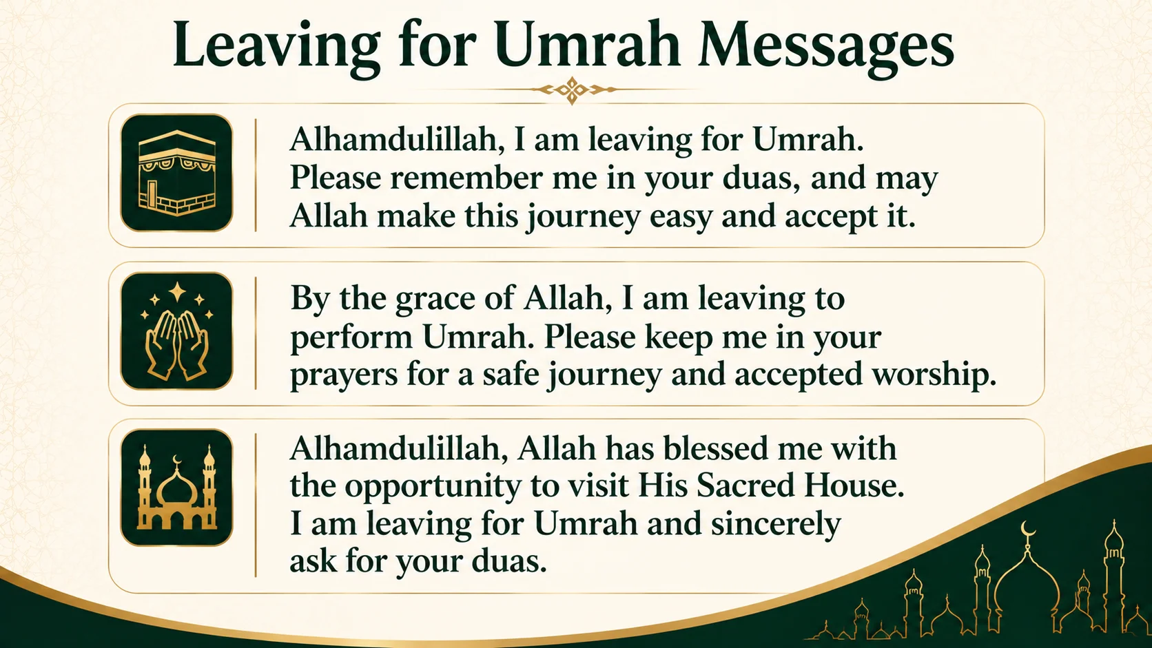 Leaving for Umrah messages asking family and friends for duas, a safe journey, and accepted worship.