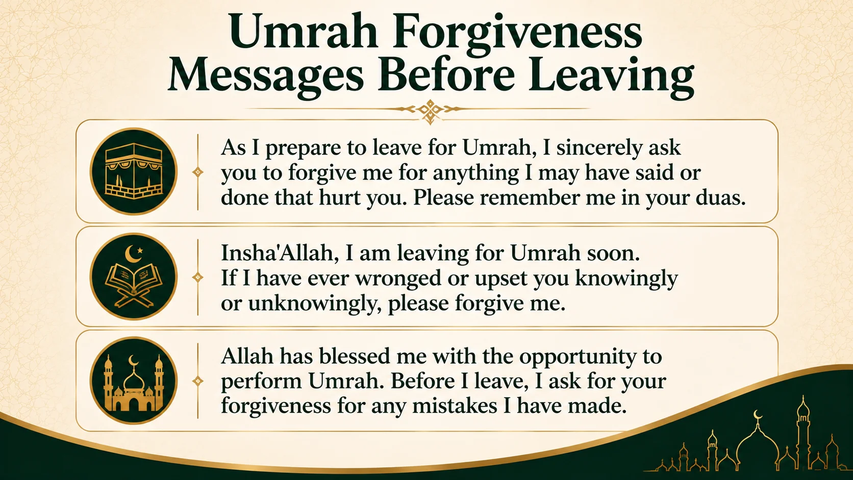 Umrah forgiveness messages before leaving, asking loved ones for forgiveness and prayers before the sacred journey.