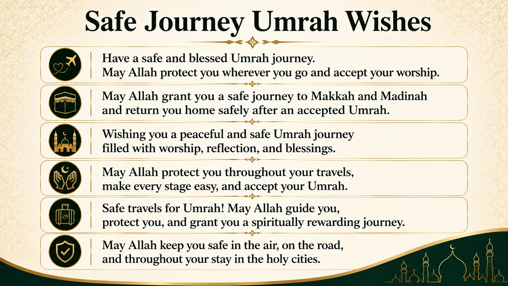 Safe journey Umrah wishes with prayers for protection, easy travel, accepted worship, and a safe return home.