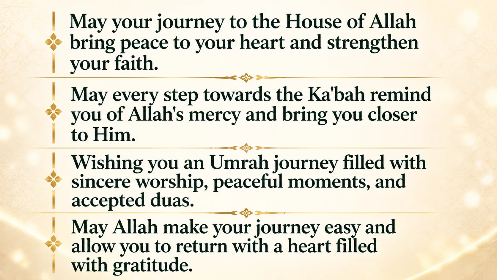 Umrah journey wishes and quotes with prayers for peace, stronger faith, accepted duas, and a blessed journey.