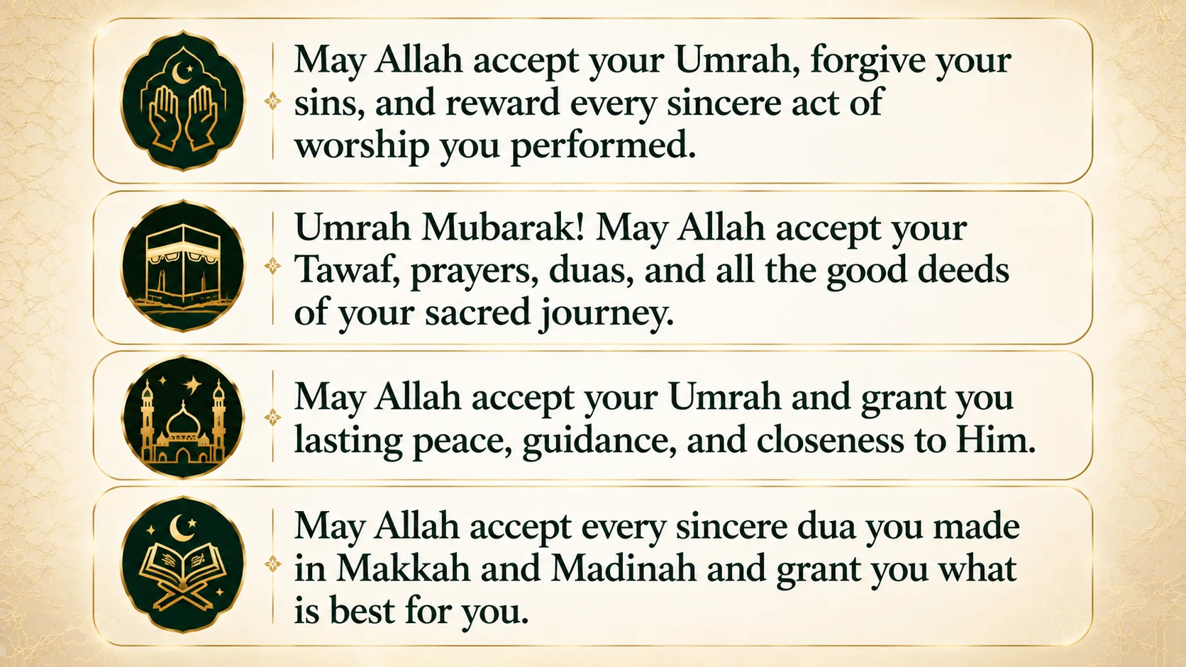 May Allah accept your Umrah wishes with prayers for forgiveness, accepted worship, guidance, peace, and answered duas.