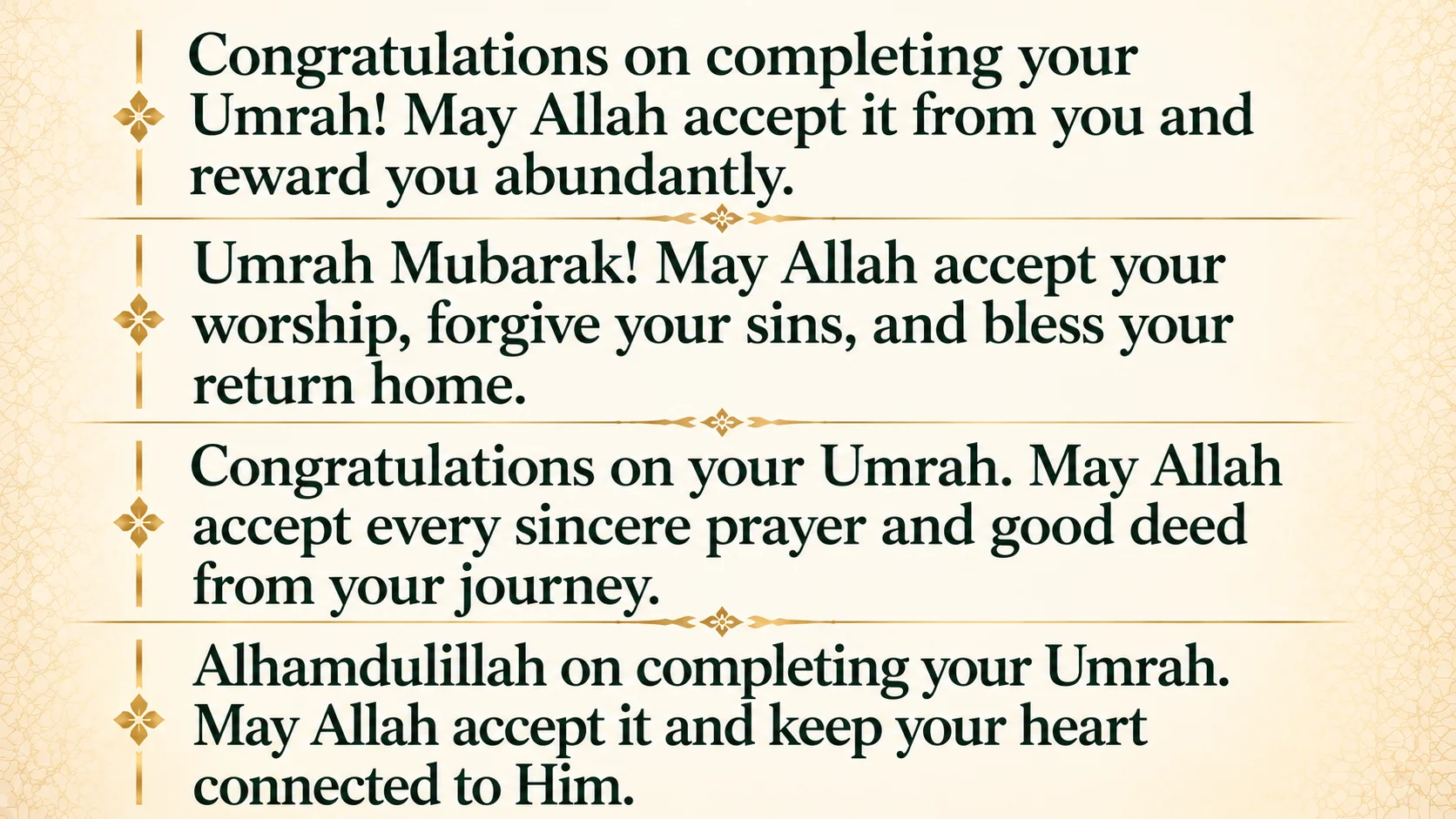 Congratulations on Umrah wishes with prayers for accepted worship, forgiveness, abundant rewards, and lasting faith.