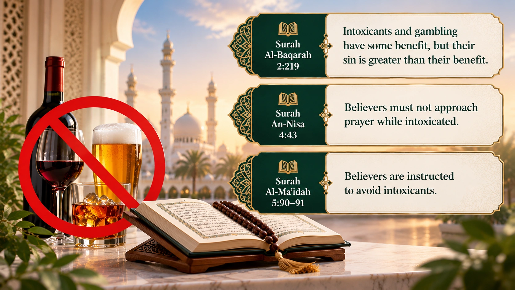 What does the Quran say about alcohol? Verses 2:219, 4:43 and 5:90–91 explain the Islamic guidance on intoxicants.