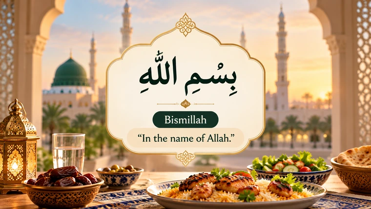 Dua before eating in Arabic (Bismillah), with English transliteration and translation, displayed above a meal in an Islamic setting.