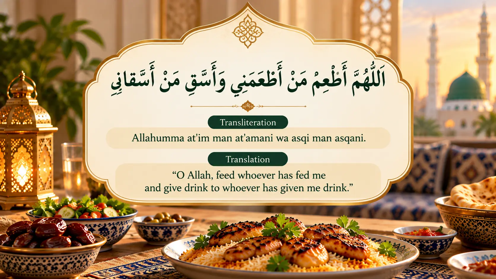Dua for someone who provides food in Arabic, with English transliteration and translation, displayed above a meal in an Islamic setting.