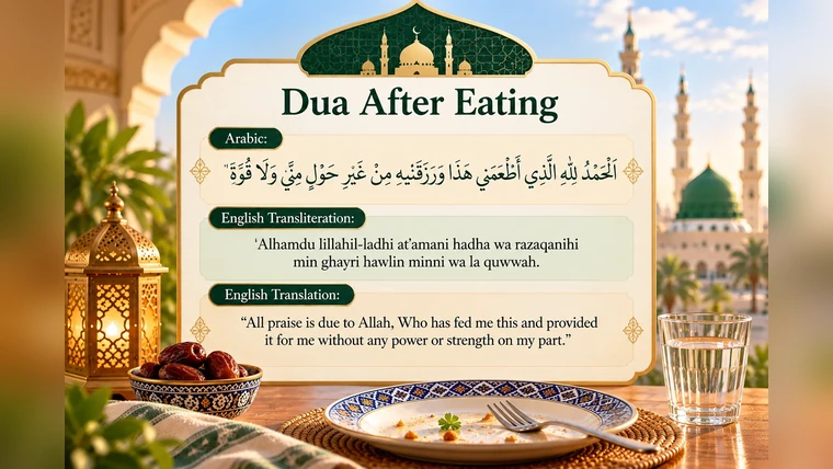 Dua after eating in Arabic with English transliteration and translation, displayed on an Islamic-themed background with a mosque, lantern and dates.