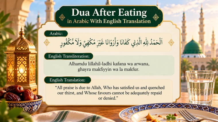 Dua after eating in Arabic with English transliteration and translation, as recorded in Sahih al-Bukhari 5459.