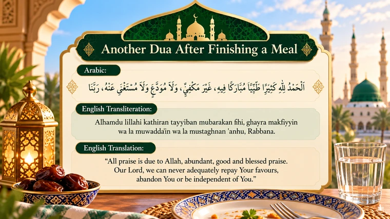 Dua after finishing a meal in Arabic with English transliteration and translation, as reported in Sahih al-Bukhari 5458.
