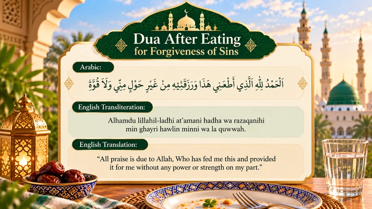 Dua after eating for forgiveness of sins in Arabic with English transliteration and translation, referenced in Jami' at-Tirmidhi 3458.