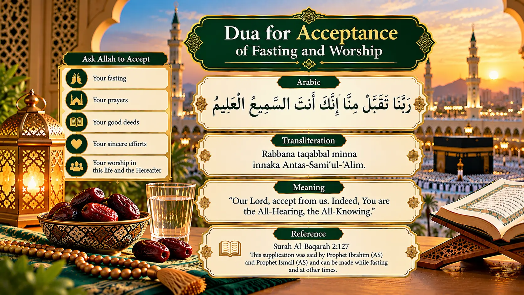 Quranic dua for acceptance of fasting and worship in Arabic with English transliteration, translation and reference to Surah Al-Baqarah 2:127.